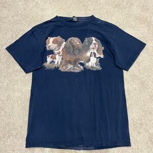Vintage Dog Hunting Spaniels Earth Tones Graphic Navy Tee Large